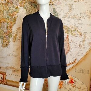 Jones New York Sport black cotton zip front jacket wide rib cuffs hem active XL